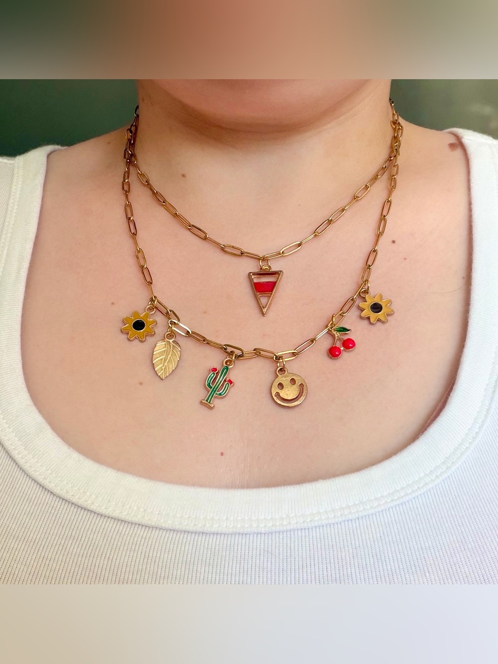 Handmade Gold Tone Layered Charm Necklace Boho Y2K Cherry Sun Coastal Jewelry